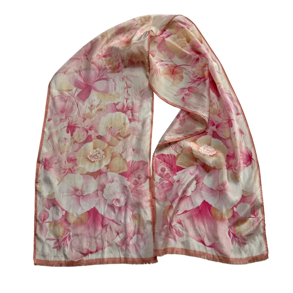 OSCAR DE LA RENTA Scarf Pink Floral Botanical Silk Oblong Women's OS Rectangle